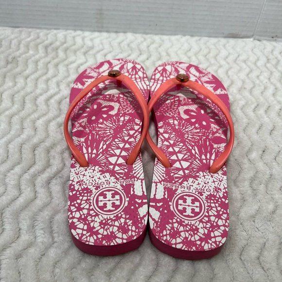 Tory Burch Women’s Size 6.5M Pink Floral Rubber Beach Flip Flop EUC - Picture 5 of 11